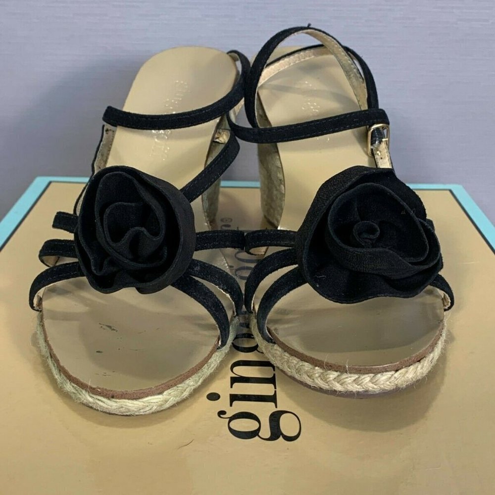 Ginger Goff Kennedy Heel Womens 7 Black Kid Suede Strappy Rattan Wedge Sandal - Picture 3 of 12